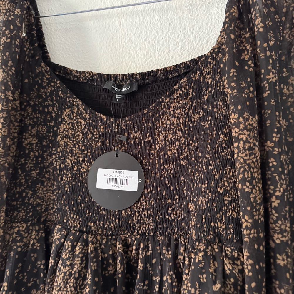 Mittoshop Floral Smocked Long Sleeve Black Tan Top Large Boho Cottagecore - Picture 4 of 16
